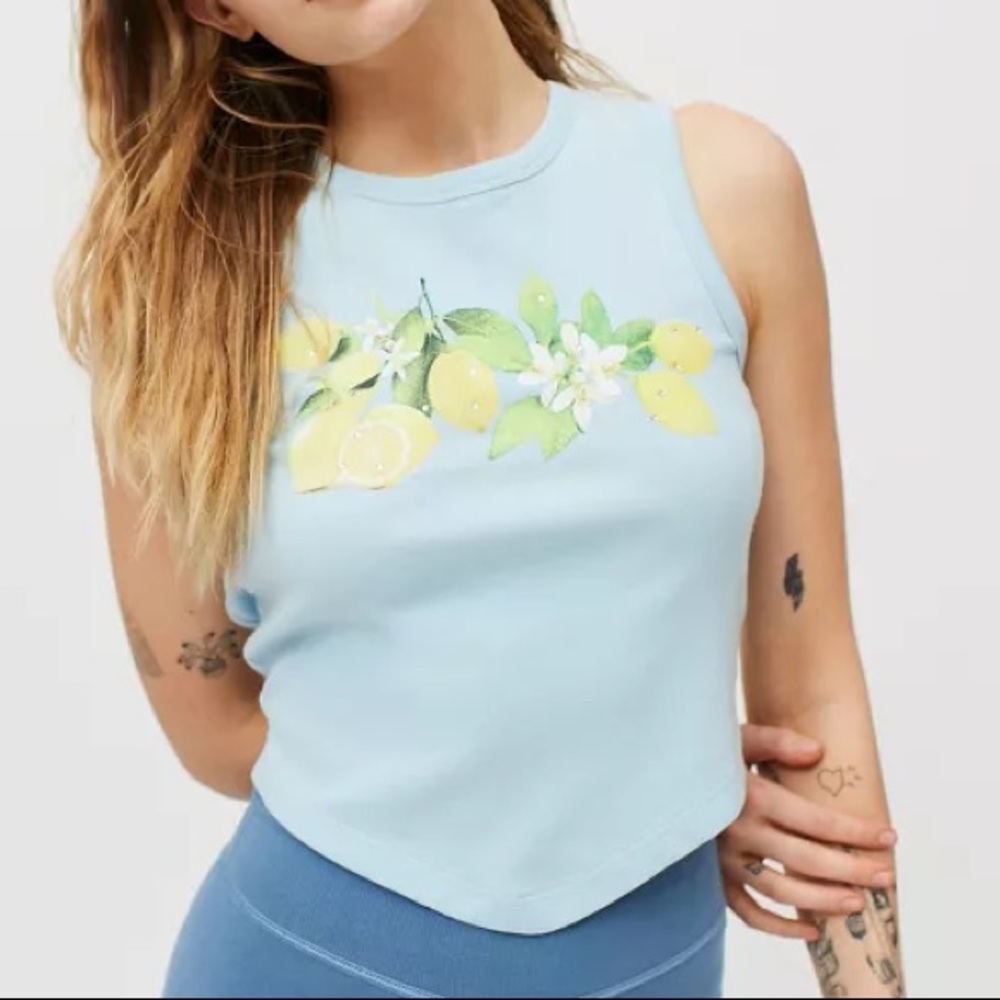 UO Fruit Print Open Back Tank - Baby Blue Lemon & Rhinestone Summer Top